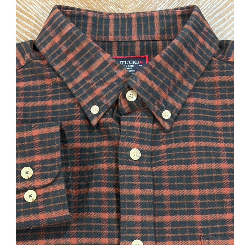 UNTUCKit Mens Large Slim Fit Flannel Plaid Button Down Shirt Rust Brown Black